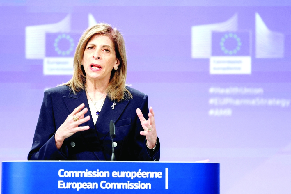EU commissioner for Health Stella Kyriakides speaks on the revision of the pharmaceutical legislation at the EU headquarters in Brussels. — AFP