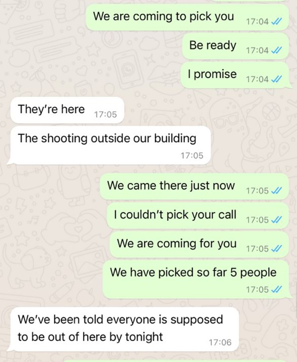 An undated image of a series of texts between Hassan Tibwa and United Nations official who was trapped by fighting in her apartment. (via The New York Times)