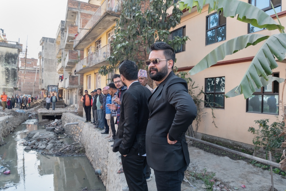 Balendra “Balen” Shah, mayor of Kathmandu, inspects a sewer under construction in the capital city of Nepal, Nov. 16, 2022. (Saumya Khandelwal/The New York Times)