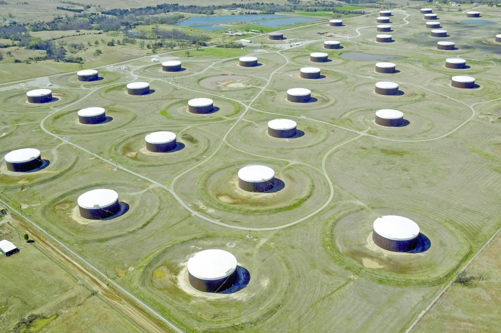 Crude oil storage tanks are seen from above at the Cushing oil hub, in Cushing, Oklahoma. — Reuters