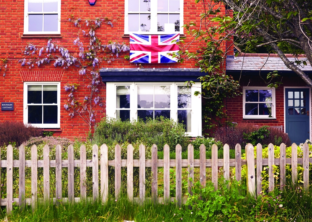 A house decorated with a Union Jack in Littlewick Green, near Maidenhead, England.
