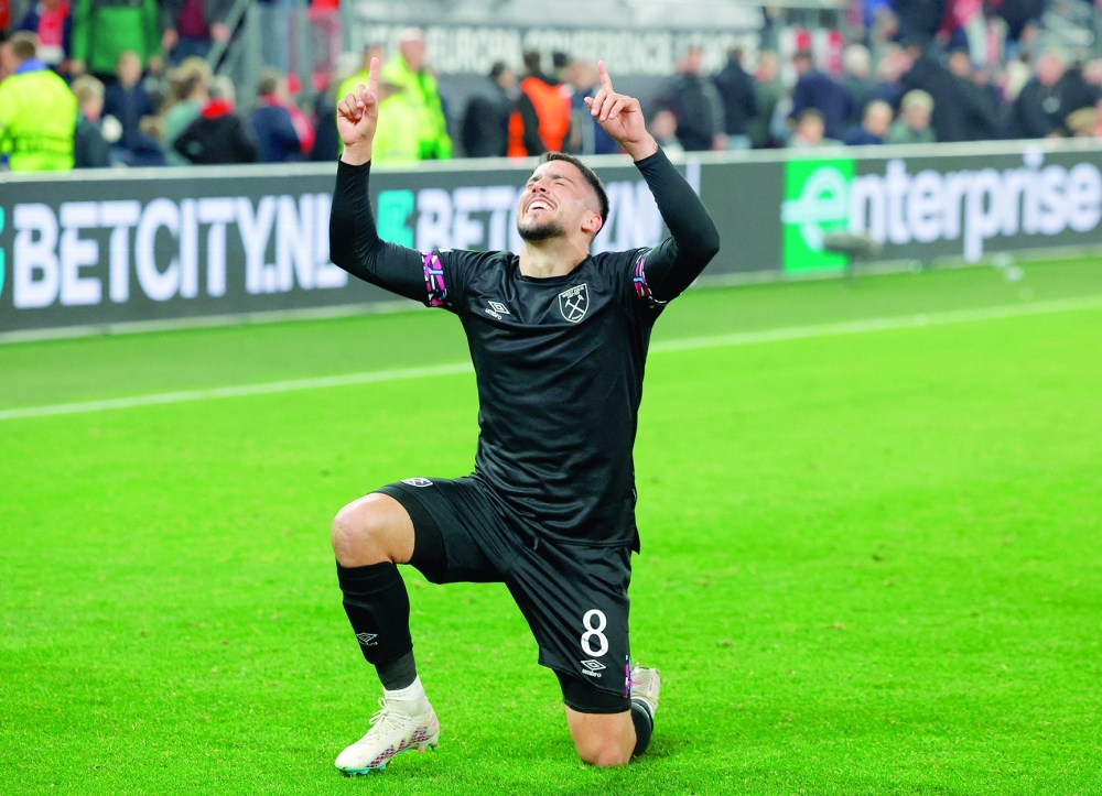 West Ham United's Pablo Fornals celebrates scoring a goal against AZ Alkmaar. -- Reuters