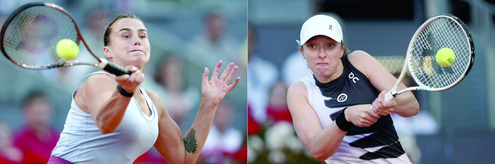 (COMBO) This combination of file photographs created on May 25, 2023, shows (L) Belarus' Aryna Sabalenka as she returns a ball to Poland's Iga Swiatek during their 2023 ATP Tour Madrid Open tennis tournament singles final match at Caja Magica in Madrid on May 6, 2023, and Poland's Iga Swiatek (R) as she returns the ball to Belarus' Aryna Sabalenka during their 2023 ATP Tour Madrid Open tennis tournament singles final match at Caja Magica in Madrid on May 6, 2023.
 The draw announced on May 25, 2023, puts reigning French Open women's champion Iga Swiatek on a semi-final collision course at Roland Garros with Elena Rybakina, last year's Wimbledon winner who claimed the title in Rome at the weekend. The top-ranked Swiatek, who is bidding to become the first back-to-back women's champion at the French Open in 16 years, is coming off a thigh injury which forced her to retire in Rome.
 (Photo by Thomas COEX / AFP)