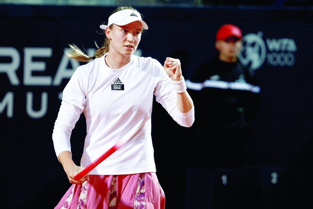 FILE PHOTO: Tennis - Italian Open - Foro Italico, Rome, Italy - May 19, 2023 Kazakhstan's Elena Rybakina celebrates winning her semifinal match against Latvia's Jelena Ostapenko REUTERS/Guglielmo Mangiapane/File Photo