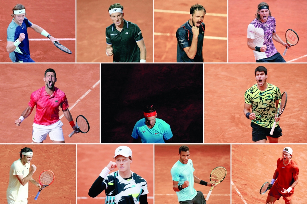 Tennis - A combination picture shows 14-time French Open champion Rafael Nadal who last week withdrew from the tournament, and the current top 10 players in the world, Russia's Andrey Rublev, Norway's Casper Ruud, Russia's Daniil Medvedev, Greece's Stefanos Tsitsipas, Serbia's Novak Djokovic, Spain's Carlos Alcaraz, Taylor Fritz of the US, Italy's Jannik Sinner, Canada's Felix Auger Aliassime and Denmark's Holger Rune. May 23, 2023 REUTERS/Gonzalo Fuentes, REUTERS/Aleksandra Szmigiel, REUTERS/Christian Hartmann, REUTERS/Guglielmo Mangiapane, REUTERS/Charles Platiau, REUTERS/Eric Gaillard