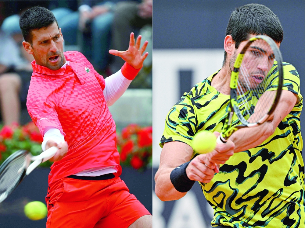 (COMBO/FILES) This combination of file photographs created on May 25, 2023, shows Serbia's Novak Djokovic (L) as he returns to Denmark's Holger Rune during their quarterfinals match of the Men's ATP Rome Open tennis tournament at Foro Italico in Rome on May 17, 2023 and Spain's Carlos Alcaraz (R) as he returns to Hungary's Fabian Marozsan during their third round match of the Men's ATP Rome Open tennis tournament at Foro Italico in Rome on May 15, 2023. 
 Novak Djokovic could face world number one Carlos Alcaraz in the semi-finals of the French Open after both players were placed in the same half of the draw on May 25, 2023.  Djokovic is chasing a record 23rd men's Grand Slam title in the absence of the injured Rafael Nadal, who will miss the tournament at Roland Garros for the first time since his 2005 title-winning debut.
 (Photo by Filippo MONTEFORTE and Tiziana FABI / AFP)

