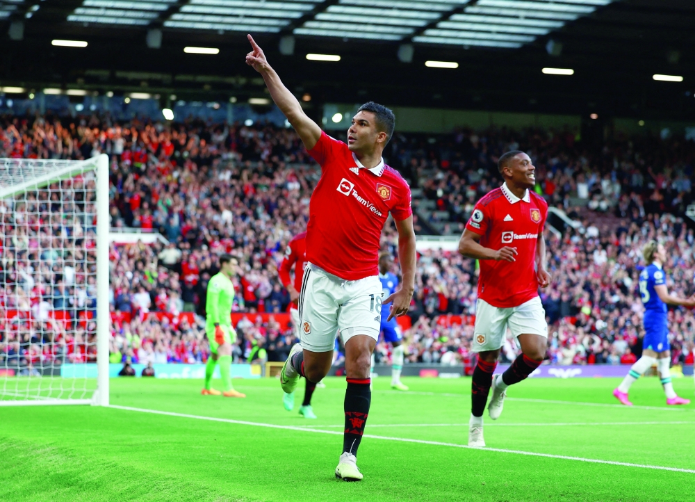Manchester United's Casemiro celebrates scoring their first goal REUTERS