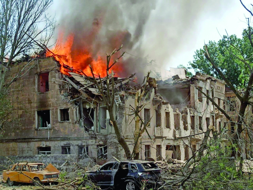 Fire at a medical facility, the site of a missile strike, in the city of Dnipro, amid the Russian invasion of Ukraine. - AFP