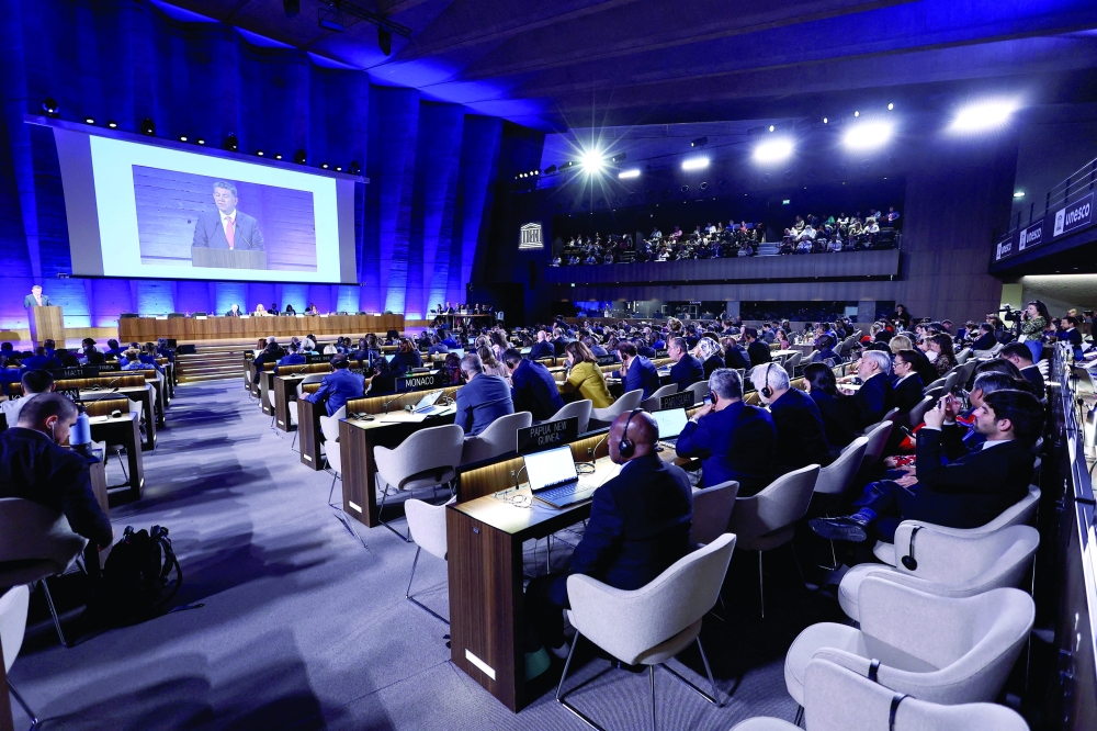 A general view of the plenary room during the opening of the second session of negotiations around a future treaty on tackling plastic pollution at the UNESCO Headquarters in Paris. — Reuters 