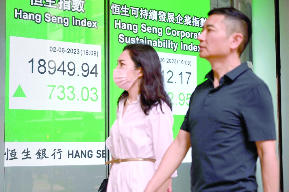 Pedestrians walk past a sign showing the closing numbers of the Hang Seng Index in Hong Kong. - AFP


