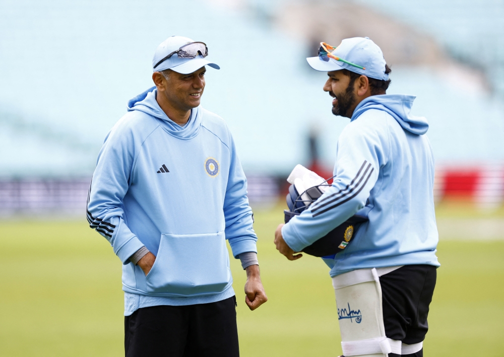 India's Rohit Sharma with head coach Rahul Dravid during practice at The Oval, London. -- Reuters