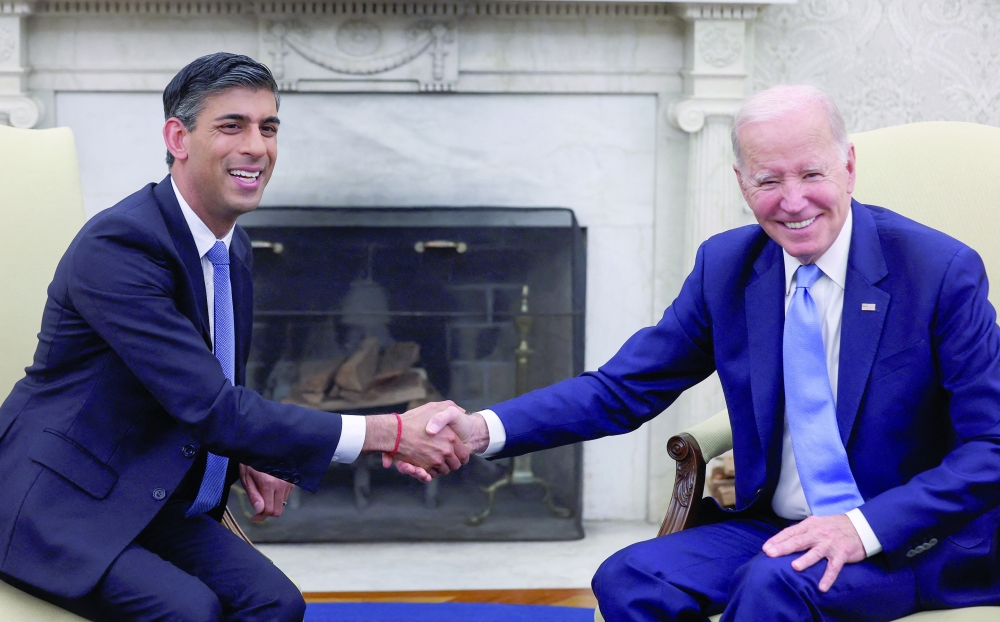 US President Joe Biden and Britain's Prime Minister Rishi Sunak meet in the Oval Office at the White House in Washington. - Reuters
