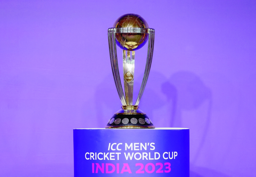 A general view of the trophy of the upcoming ICC Men's Cricket World Cup at a press conference in Mumbai, India, June 27, 2023. REUTERS/Francis Mascarenhas
