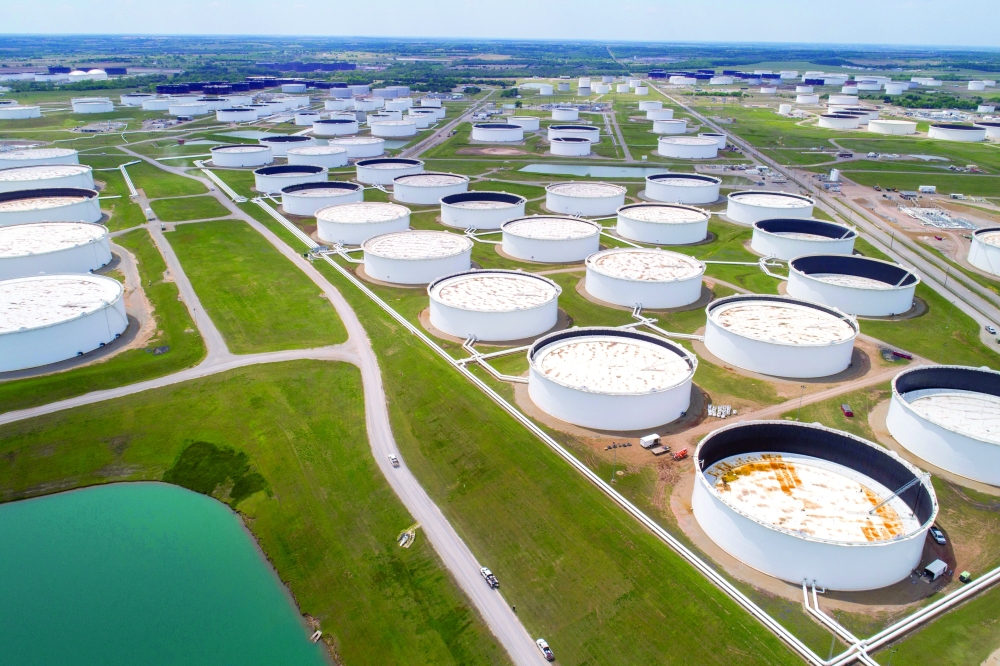 Crude oil storage tanks are seen in an aerial photograph at the Cushing oil hub in Cushing, Oklahoma. — Reuters