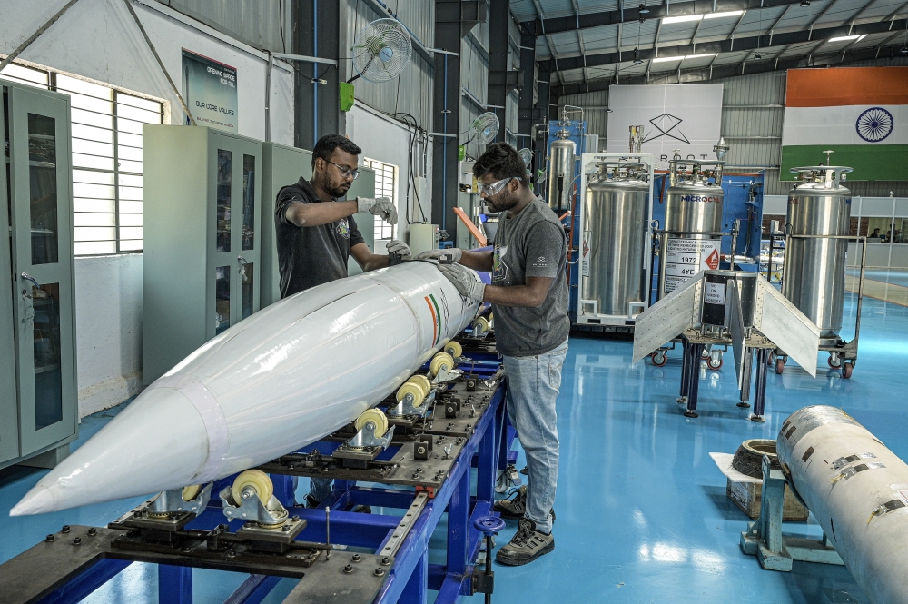 Engineers work at the Skyroot Aerospace facility in Hyderabad, India.
