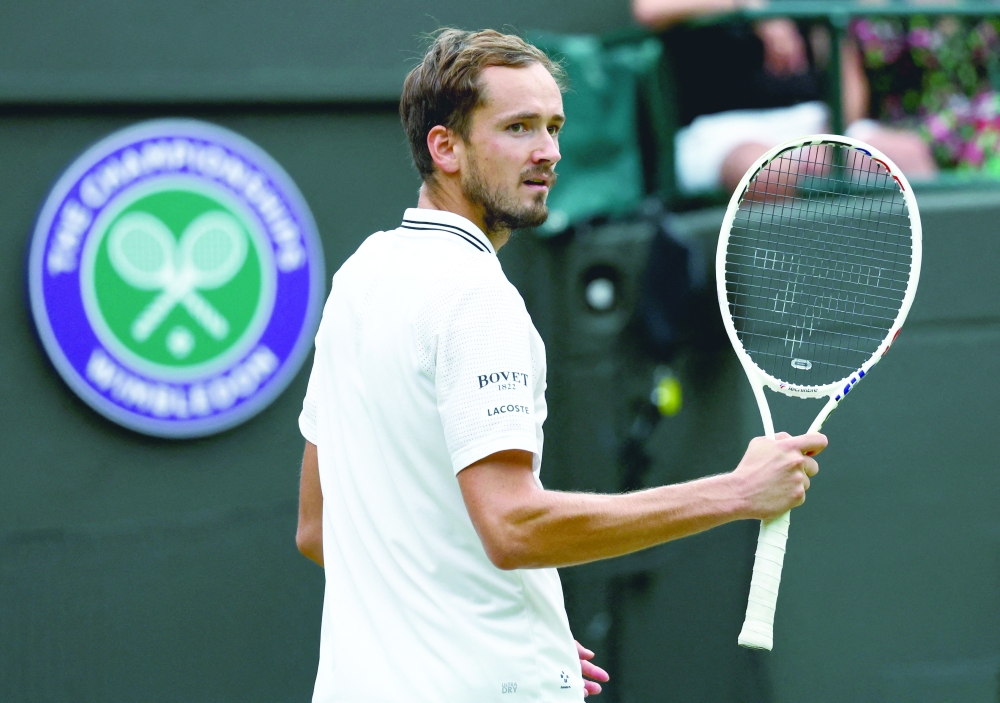 Tennis - Wimbledon - All England Lawn Tennis and Croquet Club, London, Britain - July 12, 2023 Russia's Daniil Medvedev celebrates winning the fourth set during his quarter final match against Christopher Eubanks of the U.S. REUTERS/Toby Melville
