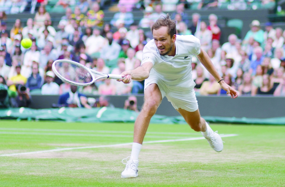 Tennis - Wimbledon - All England Lawn Tennis and Croquet Club, London, Britain - July 12, 2023 Russia's Daniil Medvedev in action during his quarter final match against Christopher Eubanks of the U.S. REUTERS/Andrew Couldridge
