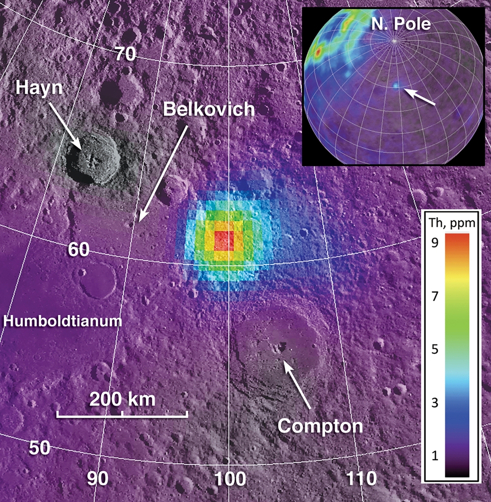 A composite image showing the presence of thorium in the Compton-Belkovich volcanic complex made with data from the Lunar Prospector, a space mission launched in 1998. (Jolliff et al, 2011 via The New York Times)