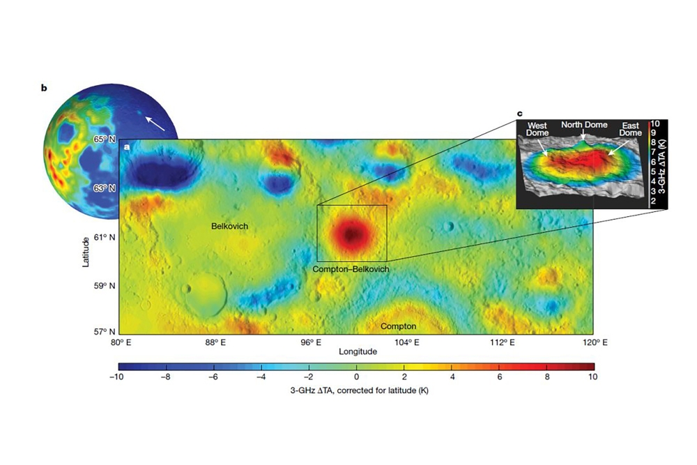 The Compton-Belkovich volcanic complex on the moons far side, with the boxed area indicated a large granite zone, which could not be picked up by topography. (Matthew Siegler/Planetary Science Institute/Nature via The New York Times)