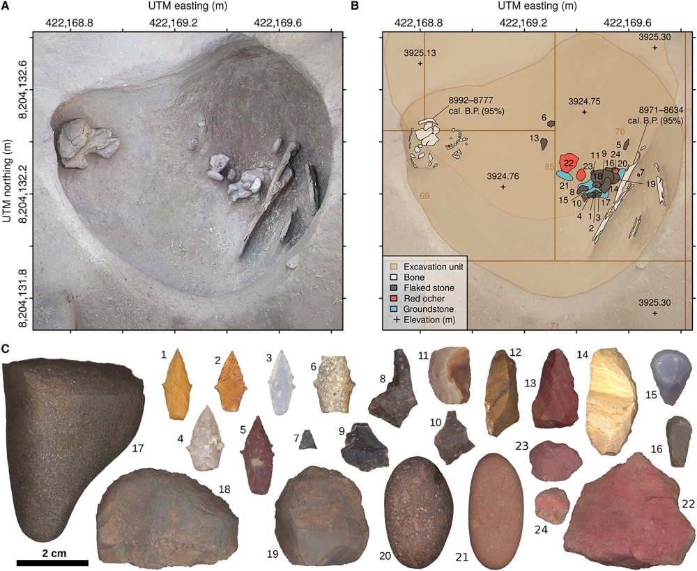 Top, a photo and diagram of the site in Peru where, in 2018, archaeologists found the remains of a female hunter and a hunting tool kit. At bottom, the tools. (Haas, et al., Science Advances 2020 via The New York Times)