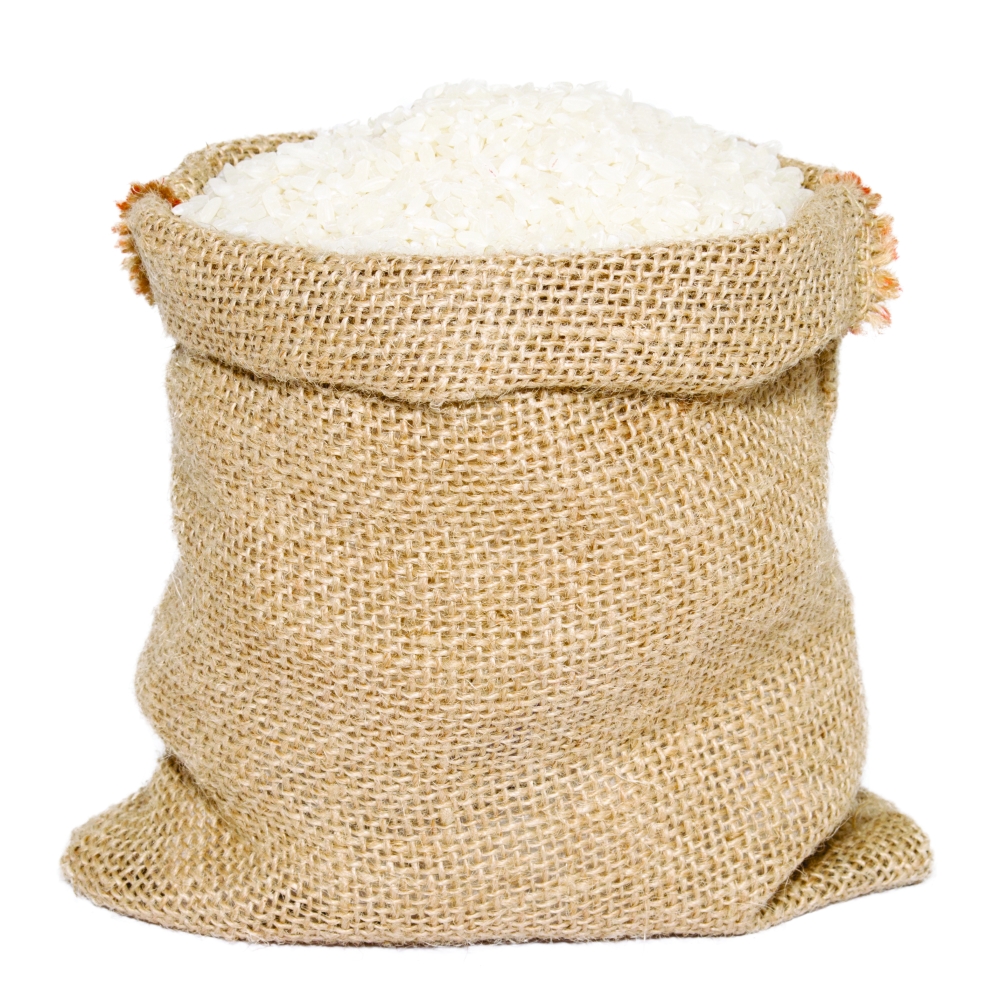 White,Rice,In,Burlap,Sack,Bag,Isolated,On,White,Background
