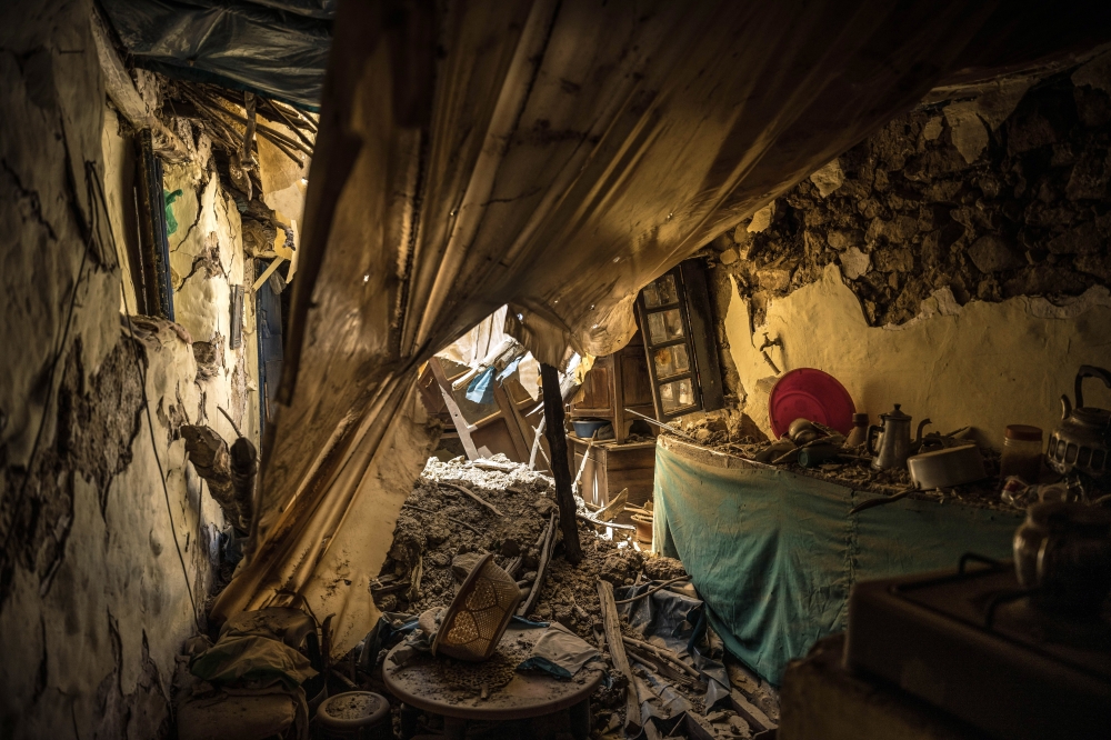 The wreckage of a home in the village of Azgour, Moroccor, on Sunday, Sept. 10, 2023. (Sergey Ponomarev/The New York Times)