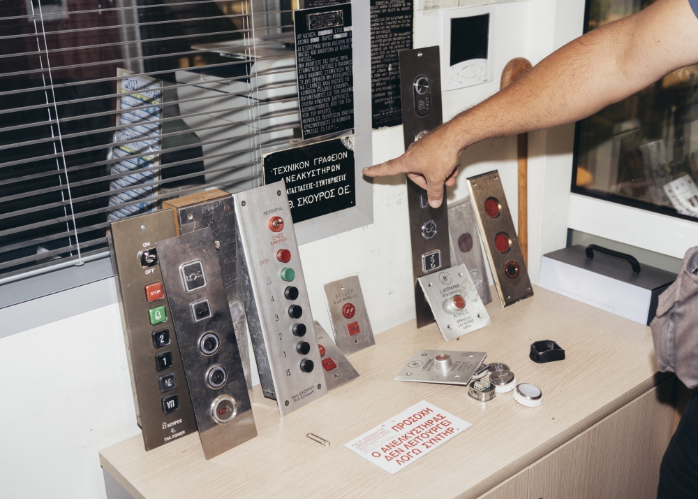 The offices of Skouros & Sons, an elevator company in Athens, on Sept. 8, 2023. (Marco Arguello/The New York Times)