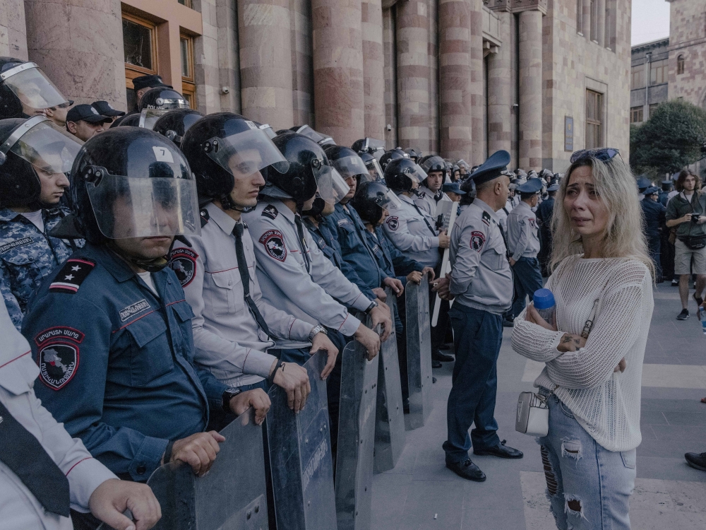 Protesters gather in the Armenian capital of Yerevan to denounce the government’s refusal to come to the aid of the ethnic Armenians in Nagorno-Karabakh, Sept. 21, 2023. (Nanna Heitmann/The New York Times)