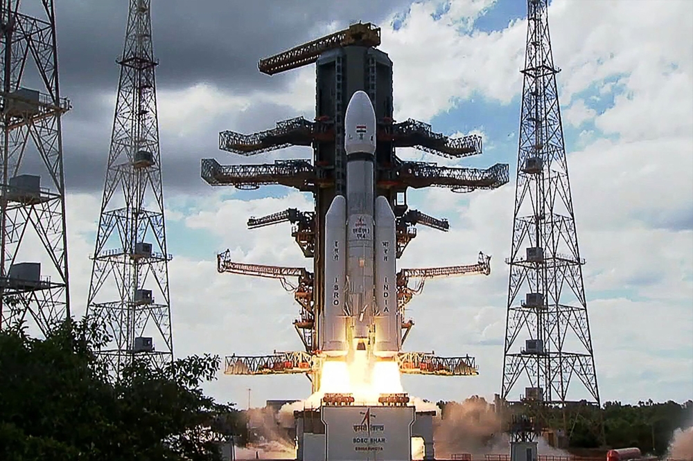 A screen grab made from video footage from ISRO shows an Indian Space Research Organisation (ISRO) rocket carrying the Chandrayaan-3 