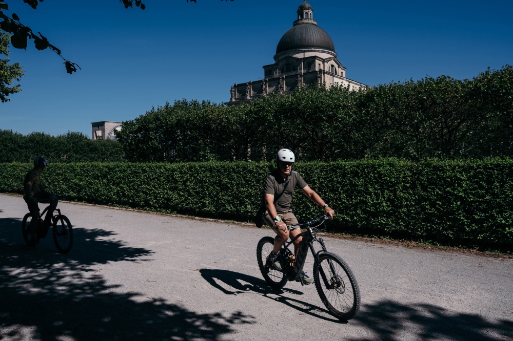 A bicyclist test-riding the Audi e-bike at the mobility fair in Munich, Germany on Sept. 4, 2023. The fair is a rebrand of what was Germanys largest auto show. (Felix Schmitt/The New York Times)