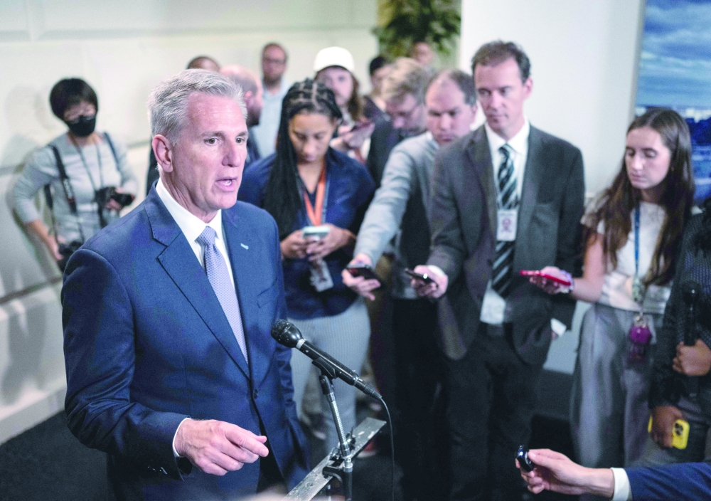 US Speaker of the House, Kevin McCarthy Republican of California, speaks to the press after meeting with his caucus on Capitol Hill in Washington, DC. — AFP