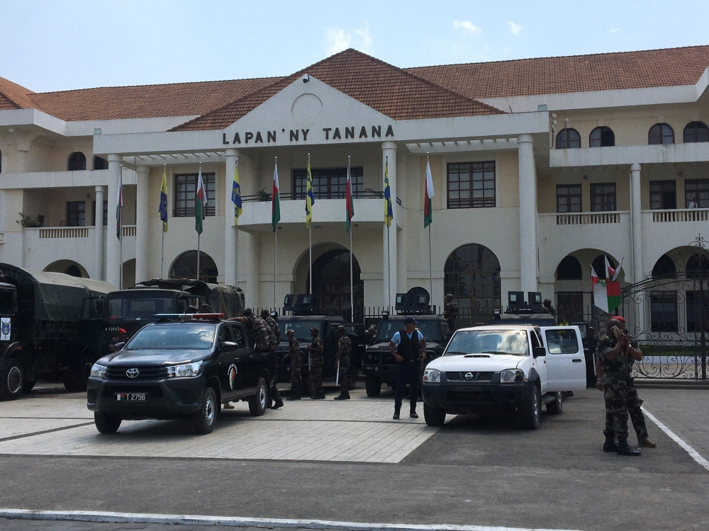 Members of the Madagascar Gendarmerie  gather in front of the town hall in Antananarivo. — AFP 