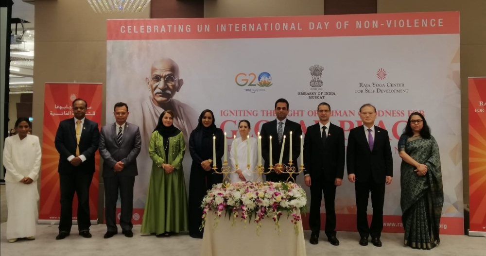 The Raja Yoga Center for Self Development, in collaboration with the Embassy of India in Oman, commemorated the United Nations International Day of Non-Violence and the 154th Birth Anniversary of Mahatma Gandhi