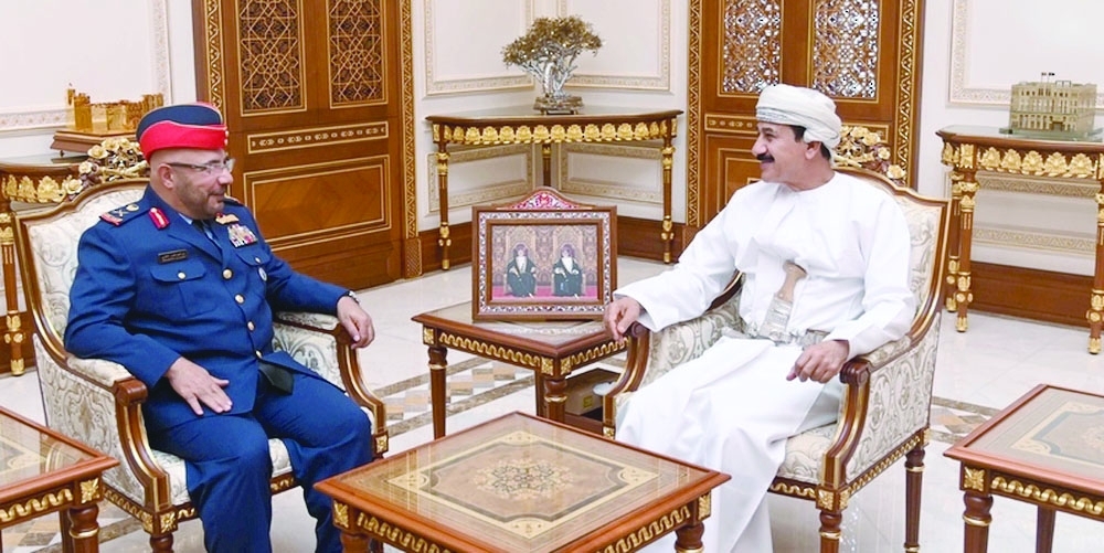 Gen Sultan bin Mohammed al Numani, Minister of the Royal Office, with UAE Air Vice Marshal Ibrahim bin Nasser al Alawi in Muscat on Monday. — ONA