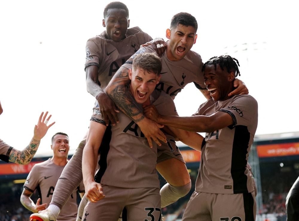 Tottenham Hotspur's Micky van de Ven celebrates scoring their first goal 