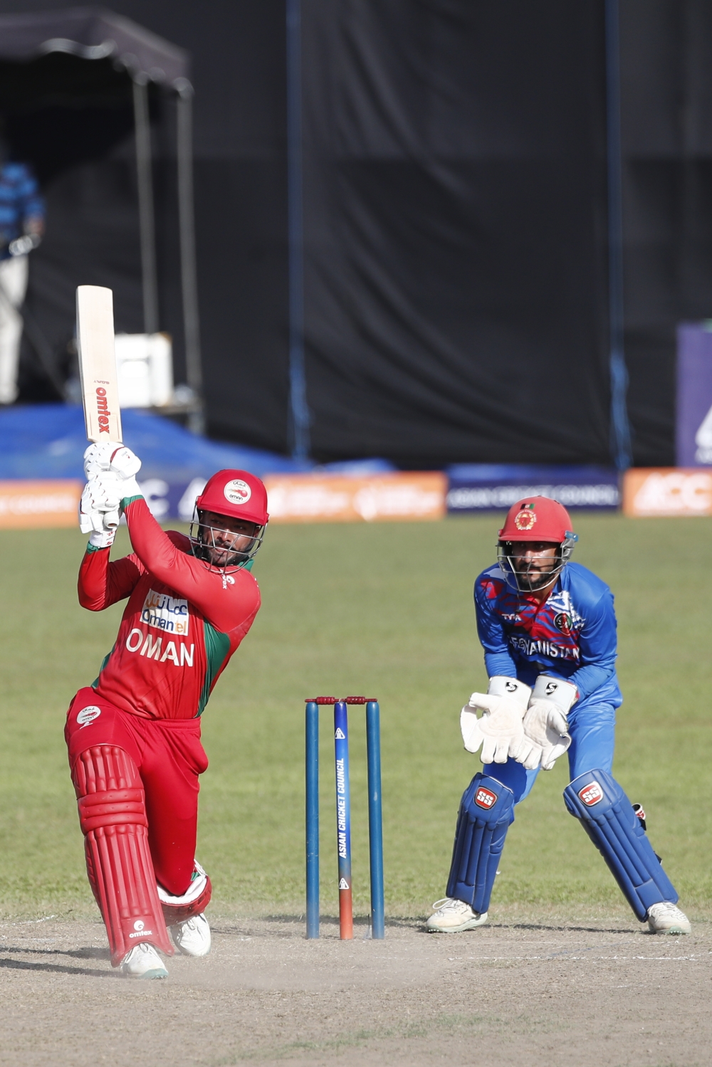 Ayaan Mohammed Khan of Oman A plays a shot during the ACC Men's Emerging Teams Asia Cup 2023 