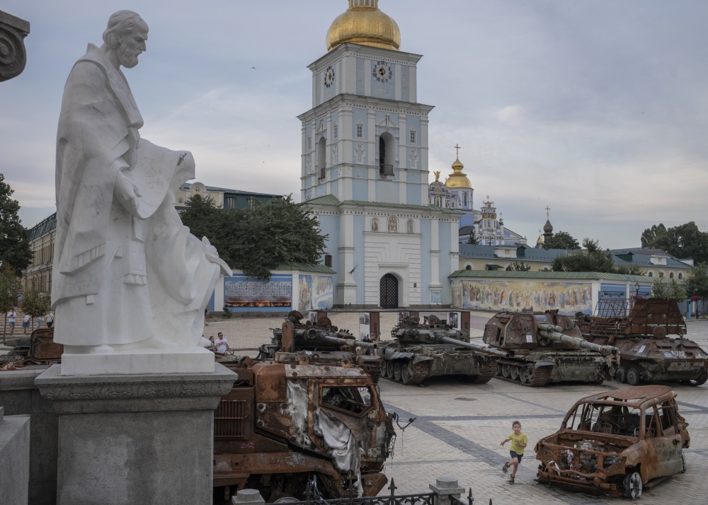 An exhibit of destroyed Russian military equipment by St Michael's Golden-Domed Monastery in the centre of Kyiv.
