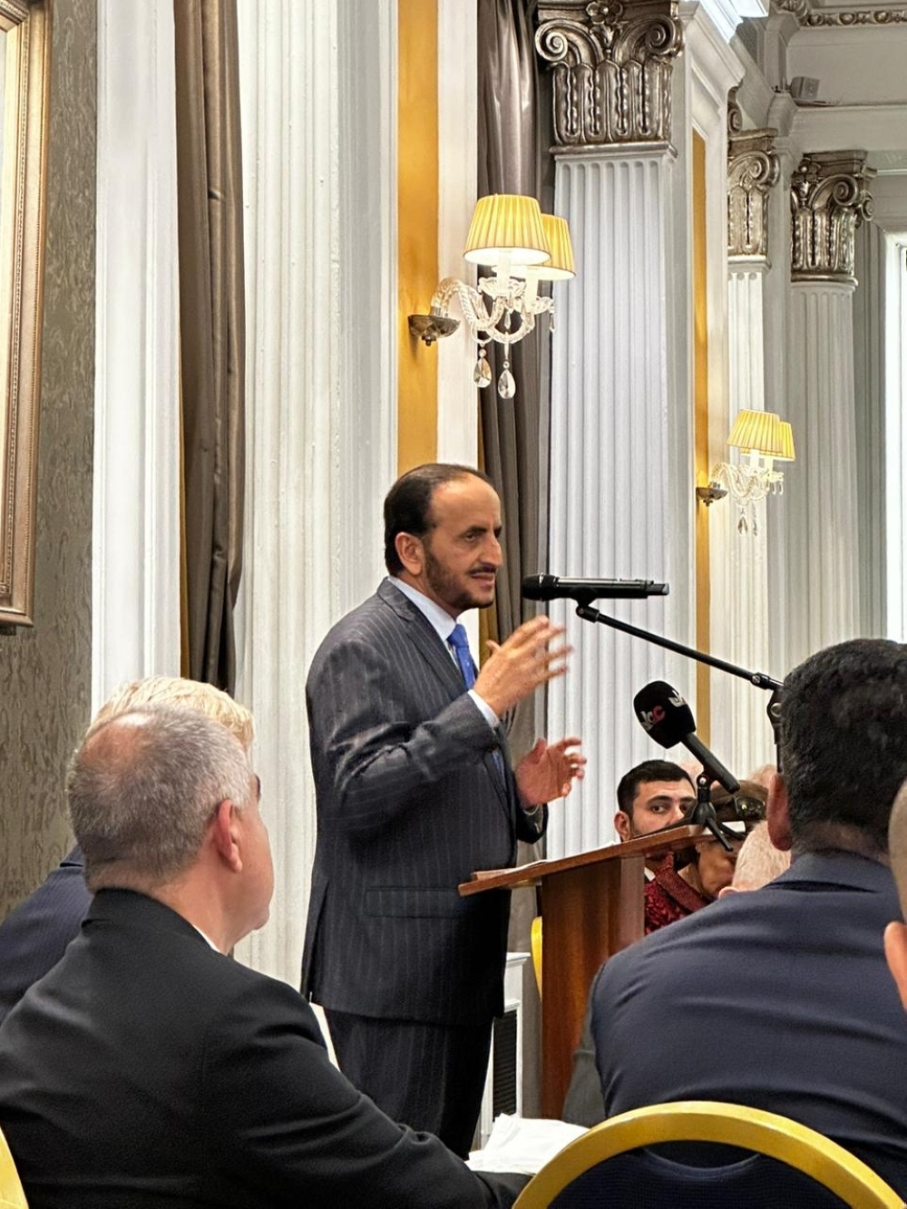 Shaikh Khalifa bin Ali al Harthi speaks during the luncheon in London.