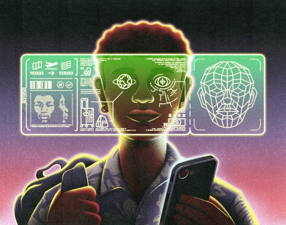 An illustration of a person holding a cellphone and wearing a backpack over one shoulder with a greenish box of digital information superimposed across the face. There is a digitized map of the person’s face on one side and information about bags and flights on the other, and the box appears to be scanning the person’s eyes.
