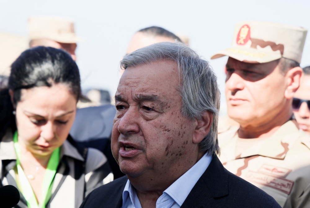United Nations Secretary-General Antonio Guterres speaks to the media, after visiting the Rafah border crossing between Egypt and the Gaza Strip, at Al Arish Airport, Egypt, October 20, 2023. REUTERS/Amr Abdallah Dalsh
