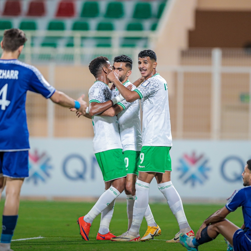 Al Nahda players celebrate their goal against Sur.