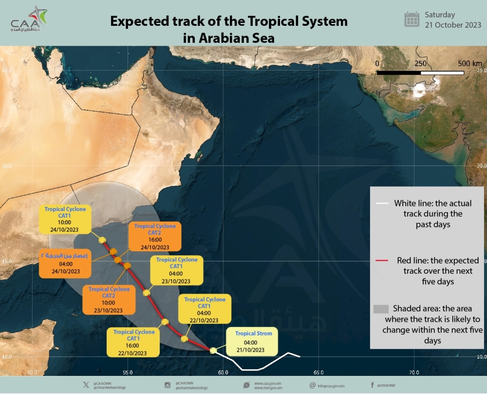The landfall of the tropical system is expected to be on Tuesday morning between Dhofar Governorate and Yemen's Al-Mahra Governorate. 