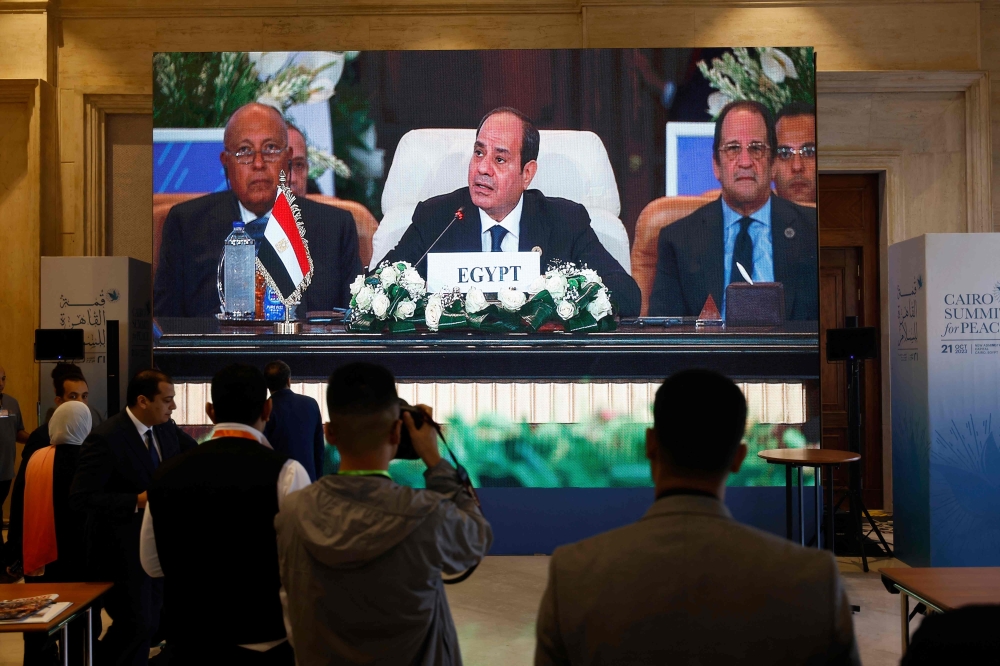 Egyptian President Abdel-Fattah al-Sisi opens the International Peace Summit in Cairo on October 21, 2023