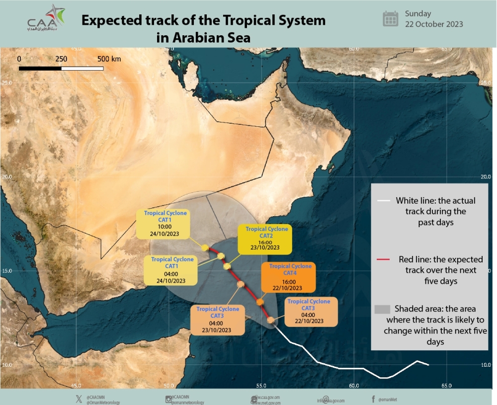Cyclone Tej may intensify into Category 4 this evening before weakening while making landfall in Yemen on October 24.