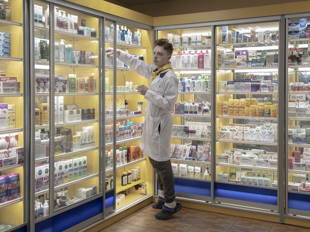 Ruslan Kushka works at a drugstore in Bucha, Ukraine.