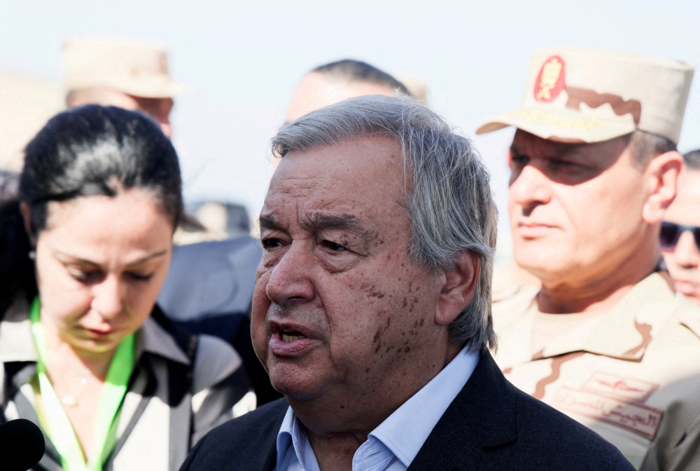United Nations Secretary-General Antonio Guterres speaks to the media, after visiting the Rafah border crossing between Egypt and the Gaza Strip, at Al Arish Airport, Egypt