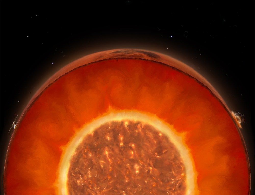 An image from IPGP-CNES shows an artists concept of a cross-section of Mars, showing a deep layer of magma below the solid mantle, kept molten by radioactive elements. (IPGP-CNES via The New York Times)