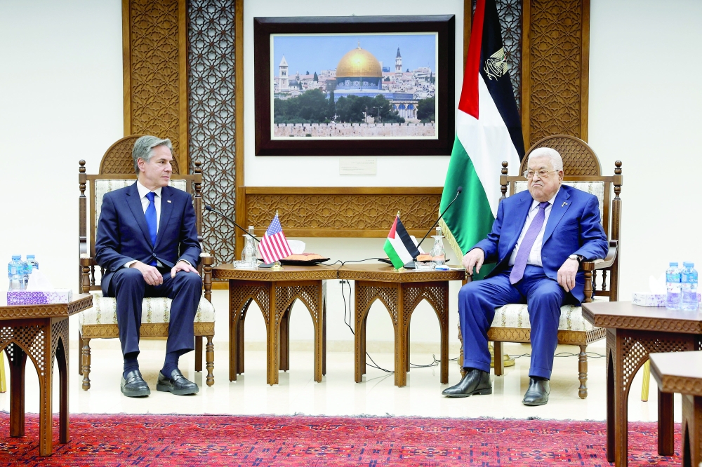US Secretary of State Antony Blinken meets with Palestinian President Mahmoud Abbas at the Muqata in Ramallah. — Reuters