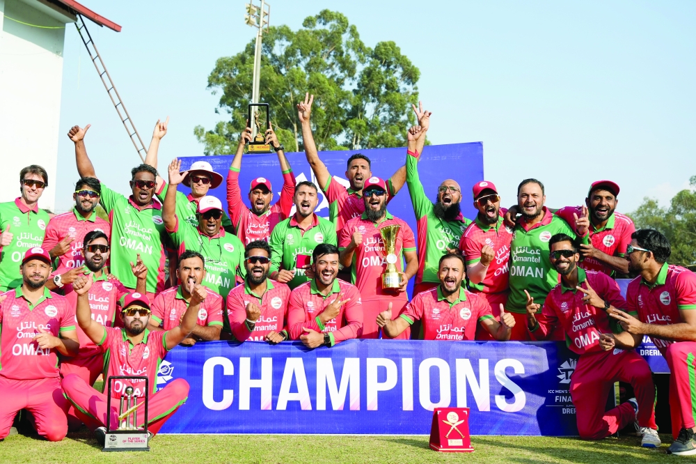 Oman team celebrate claiming Champions of the ICC T20 World Cup Asia Final 2023