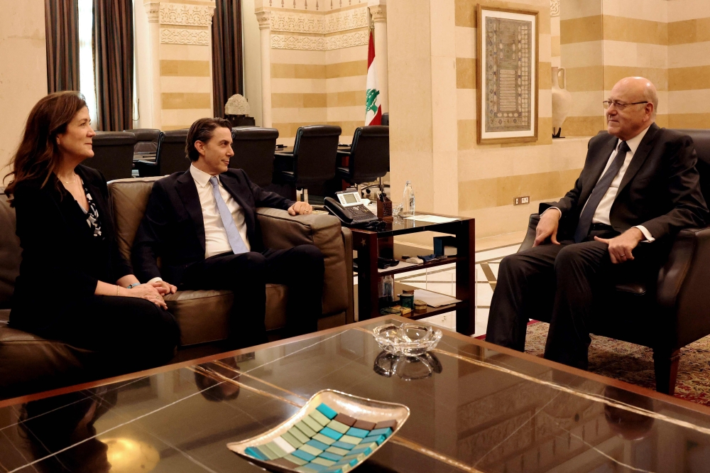 US special envoy Amos Hochstein (C) and US ambassador to Lebanon, Dorothy Shea, meet with Lebanese caretaker Prime Minister Najib Mikati in Beirut. — AFP